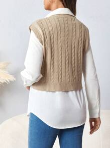 SHEIN Maternity Solid Color V-Neck Sweater Vest, Autumn/Winter With Long Sleeve - Brown - View 2