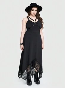 ROMWE Abito lungo in camicia asimmetrico Punk Gothic con taglio traforato occhi, ricamato in pizzo a contrasto, per taglie comode, colore nero - nero - Visualizzare 6