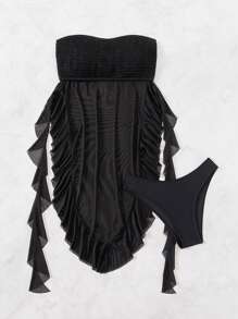 SHEIN Swim Women's Summer Beach Solid Color Splicing Mesh Layer Ruffled Bandeau Swimsuit - Black - View 4