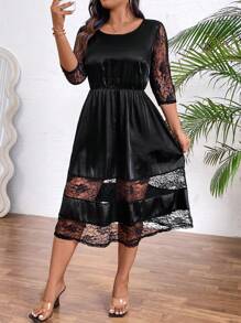 SHEIN Clasi 大尺碼圓領花邊拼接褶皺連衣裙 - 黑色 - 查看 3