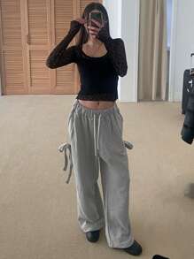 DAZY Pantalon de jogging ample gris ample à large jambe et nœud papillon sur le côté pour femmes, pour un port quotidien - Gris - Voir 6