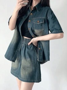 2025 Summer Casual & Versatile Solid Color Gyaru Fashion Denim Set