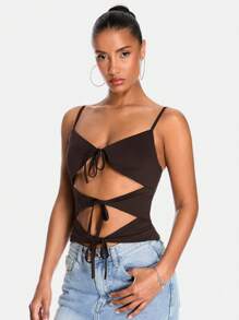 SHEIN BAE 黑色纯色蝴蝶结系带露背性感短款上衣，适合女士夜间外出、夏季派对、音乐会、锐舞派对和音乐节等场合。 - 咖啡棕 - 查看 5