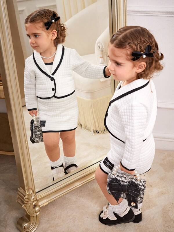 SHEIN Baby Girl Bubble Plaid Long Sleeve Coat, Skirt And Camisole Three-Piece Set, Elegant, Autumn/Winter