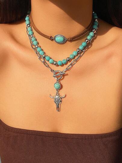 Fairycore 3pcs Fashionable Bohemian Western Style Turquoise Beaded Necklace Set With Bull Head Decoration