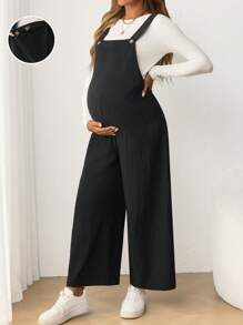 SHEIN Mono de maternidad casual con tirantes ajustables, pantalones nueve con botones laterales elásticos