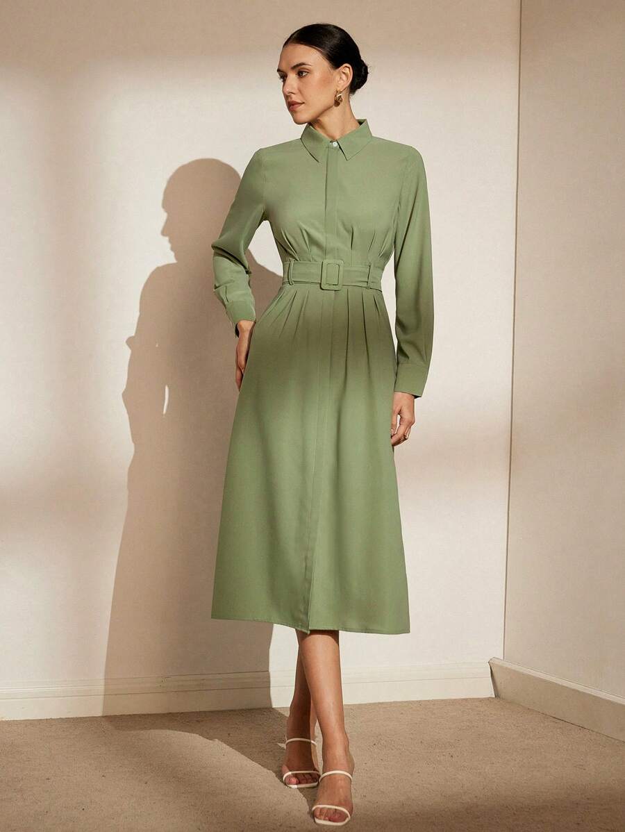 SHEIN BIZwear 純色韓式腰帶襯衫裙,優雅通勤、夏季款式 - 軍綠色 - 查看 1