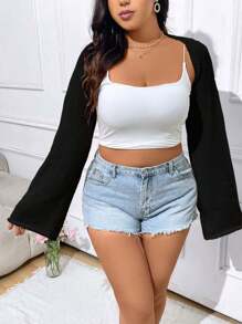 Sweetra Women's Solid Color Short Open Front Plus Size Bell Sleeve Cardigan, For Winter Fall Cloth For Women Autumn - Black - View 3