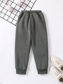 SHEIN Pantalon de jogging épais et chaud doublé d'une doublure thermique, imprimé de lettres californiennes sportives décontractées des années 90, convenant aux garçons. Adapté pour l'automne/l'hiver - Gris foncé - Voir 2