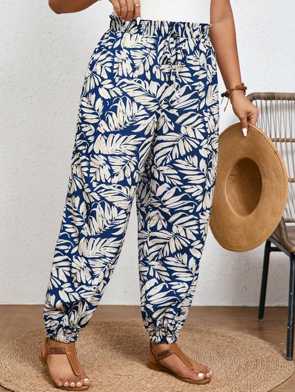 SHEIN Frenchy Plus Size Boho Summer Vacation Women's Tropical Print Knot Front High Waisted Pants