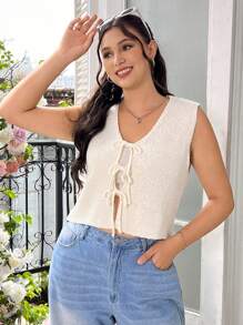 SHEIN EZwear 加大碼打結前綁無袖針織上衣，適合日常穿著 - 杏色 - 查看 1