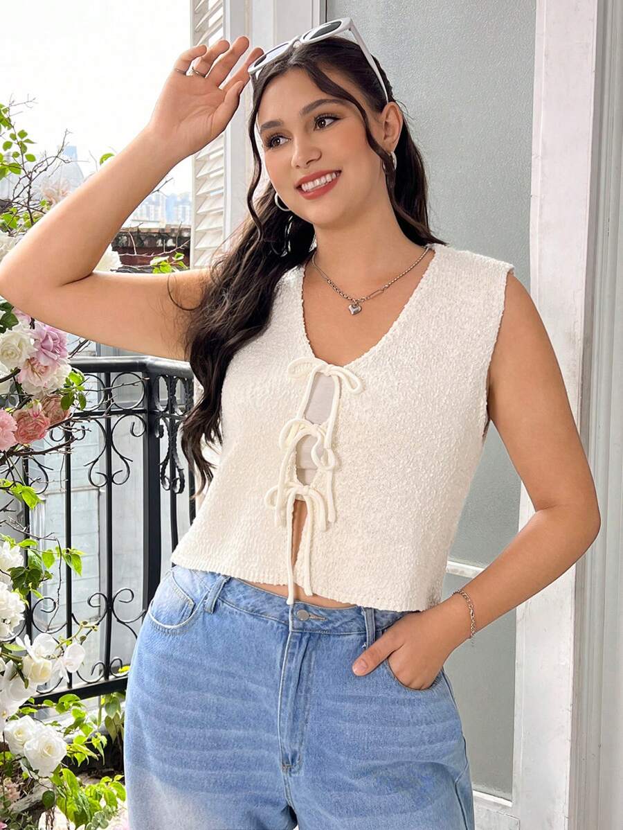 SHEIN EZwear 加大碼打結前綁無袖針織上衣,適合日常穿著 - 杏色 - 查看 1