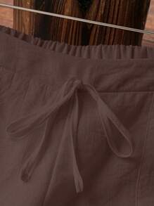 EMERY ROSE Women's White Linen Pocketed Casual Spring/Summer Long Pants Fall Cloth For Women - Coffee Brown - View 4