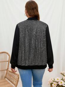 SHEIN LUNE Plus Contrast Sequin Zip Up Bomber Jacket - Black - View 2