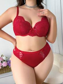 2入組大尺碼蕾絲拼接帶鋼圈內衣 - 紅色 - 查看 1