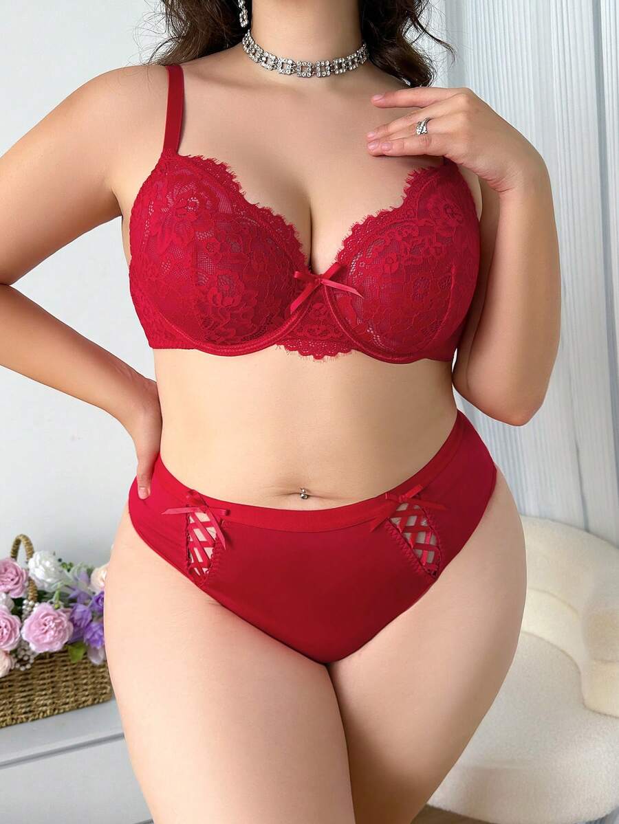 2入組大尺碼蕾絲拼接帶鋼圈內衣 - 紅色 - 查看 1
