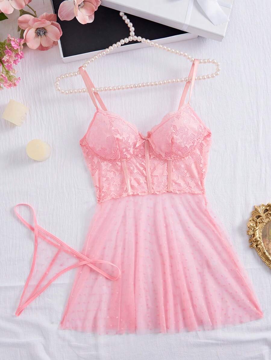 SHEIN Lace Contrast Mesh Chemise Dress With G-String Set For Women, Wireless, 2pcs - Pink - View 1