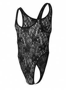 男士花朵蕾絲泳衣型連體褲，夏季時尚款 - 黑色 - 查看 1