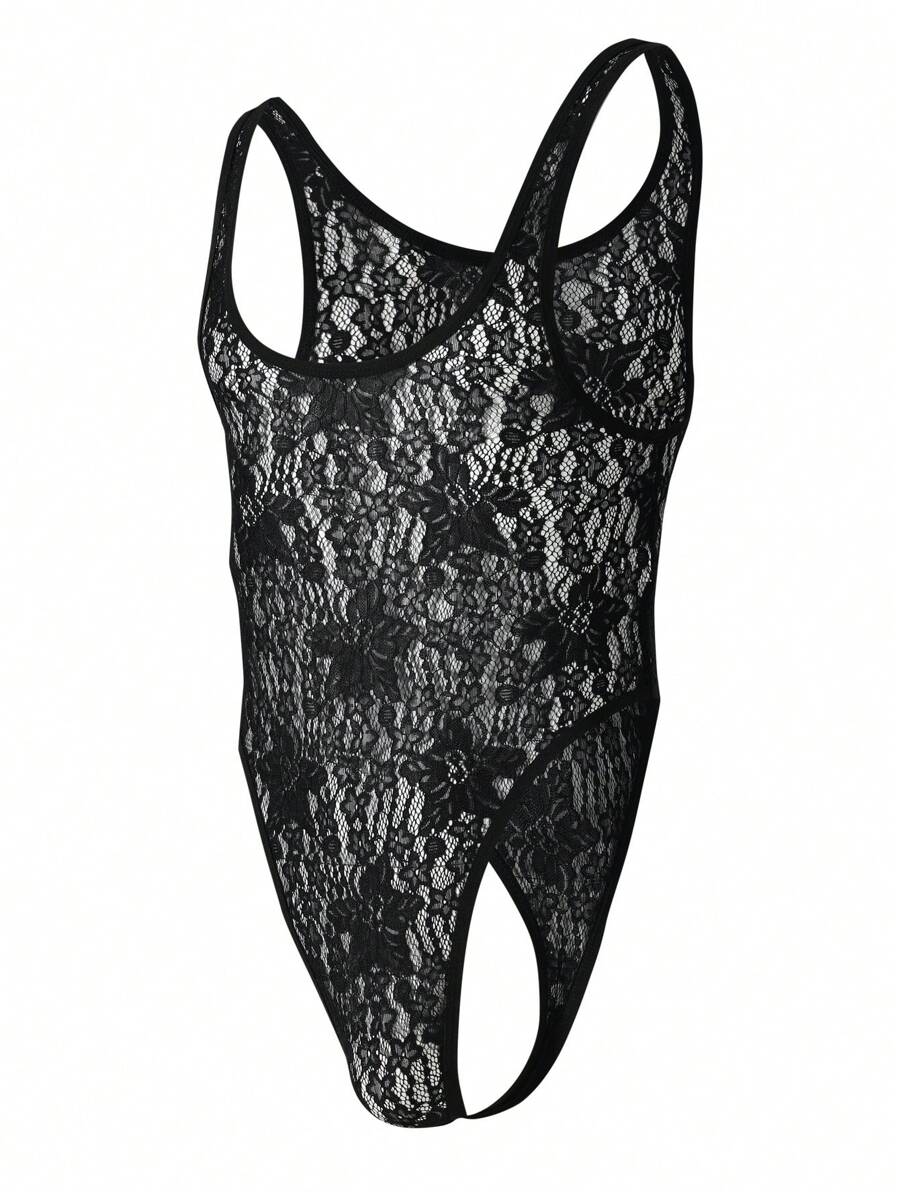 男士花朵蕾絲泳衣型連體褲，夏季時尚款 - 黑色 - 查看 1