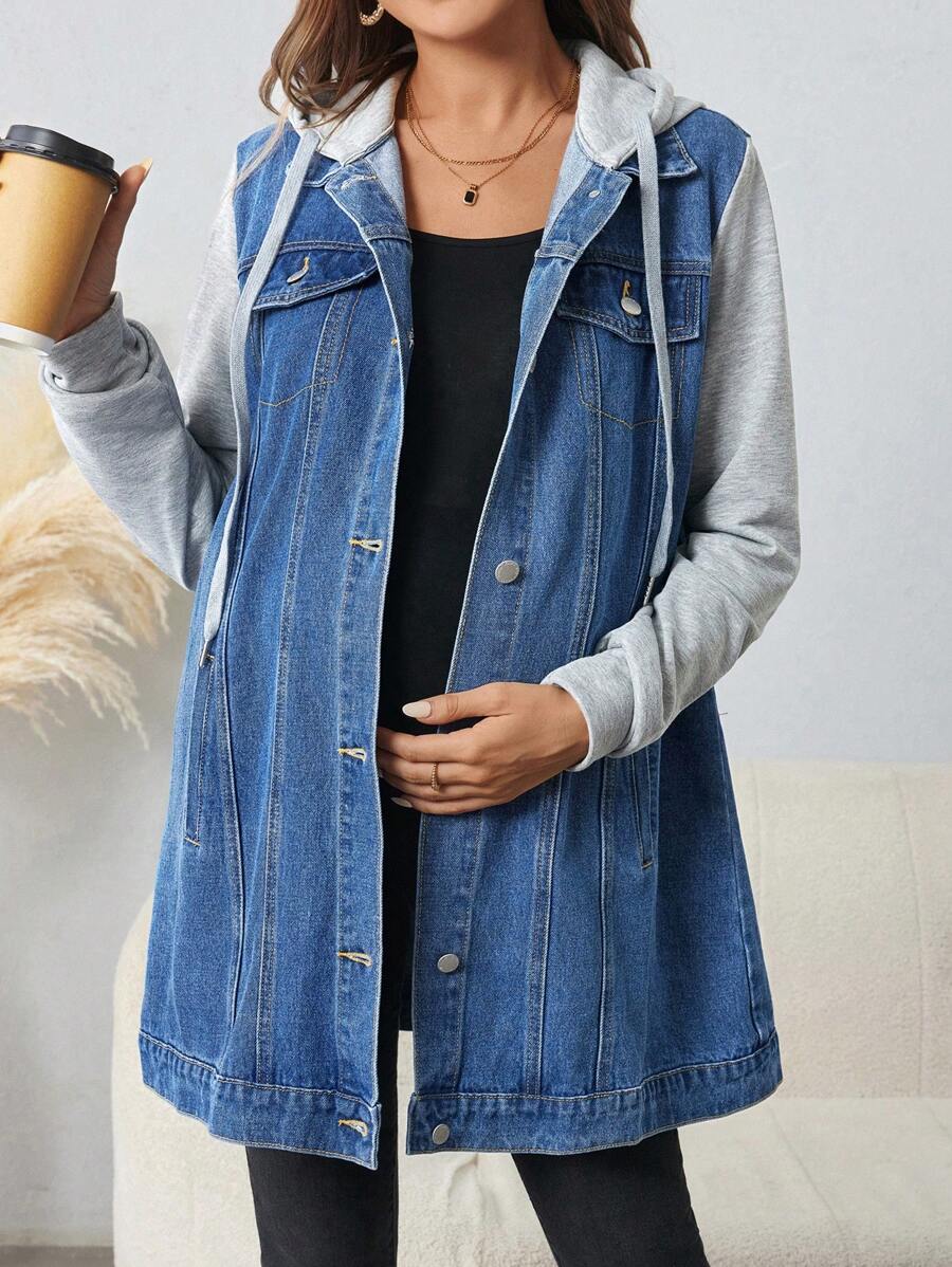 SHEIN 孕婦牛仔外套，休閒長款藍色短袖拼接款