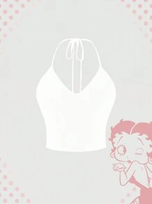 Betty Boop | ROMWE Áo dệt kim có dây thêu chữ và hình dành cho nữ - Màu be - Xem 2