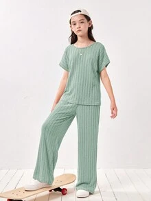 SHEIN Tween Girls' Knitted Loose Short Sleeve T-Shirt And Wide Leg Trousers Casual Set - Mint Green - View 5