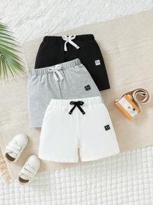 SHEIN 3入組寶寶男童休閒運動簡約基礎款可愛有趣印花標籤短褲,春夏戶外裝扮 - 彩色 - 查看 1