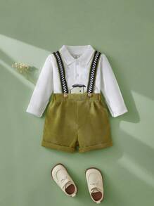 SHEIN Baby Boys Bow Front Shirt & Suspender Shorts - Green - View 3