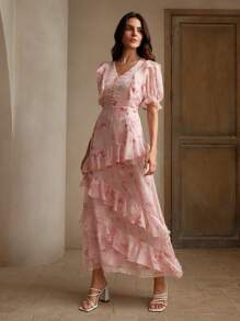 Anewsta Pink Printed Fairy Style Light And Airy French Vacation Puff Sleeve Dress With Ruffled Layers For Women, Spring/Summer Maxi Women Outfit - Pink - View 3