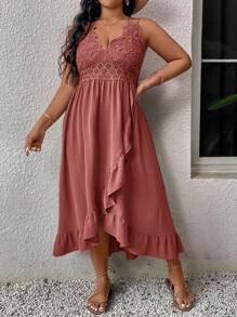 SHEIN VCAY Plus Size Lace Splicing Ruffle Hem Cami Dress For Vacation And Leisure,Beach Dress Sundress,Holiday Outfits Boho - Redwood - View 5