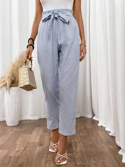 SHEIN Frenchy Women's Fall Tie-Up Bow Ruffle Striped Flared Pants,91% Cotton Winter