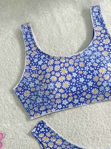 Women's Summer Beach Daisy Printed  Bikini Set - Blue - View 5
