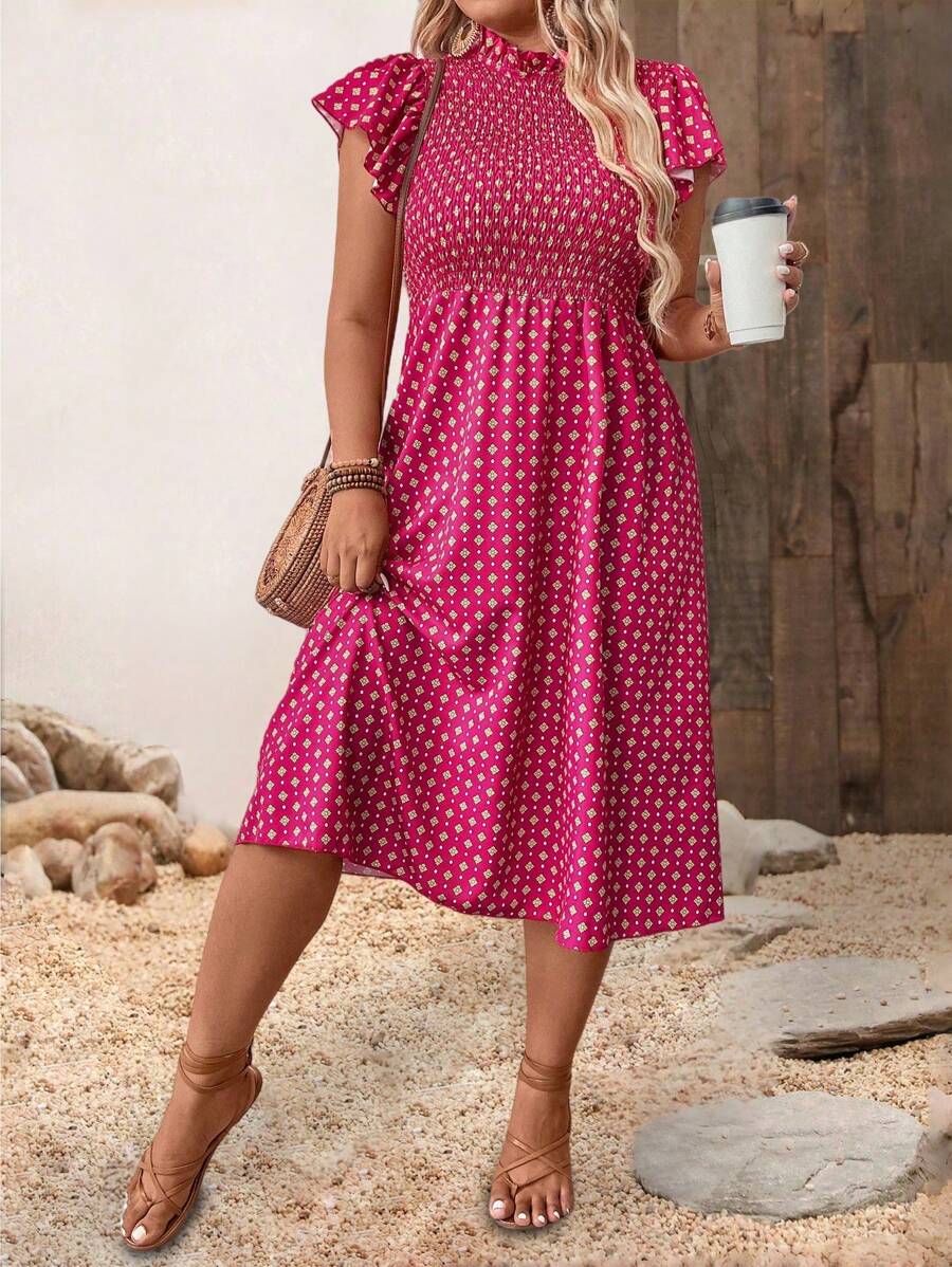 SHEIN LUNE Vestido diario simple para mujer de talla grande con estampado aleatorio - Rosa Fucsia - Ver 1