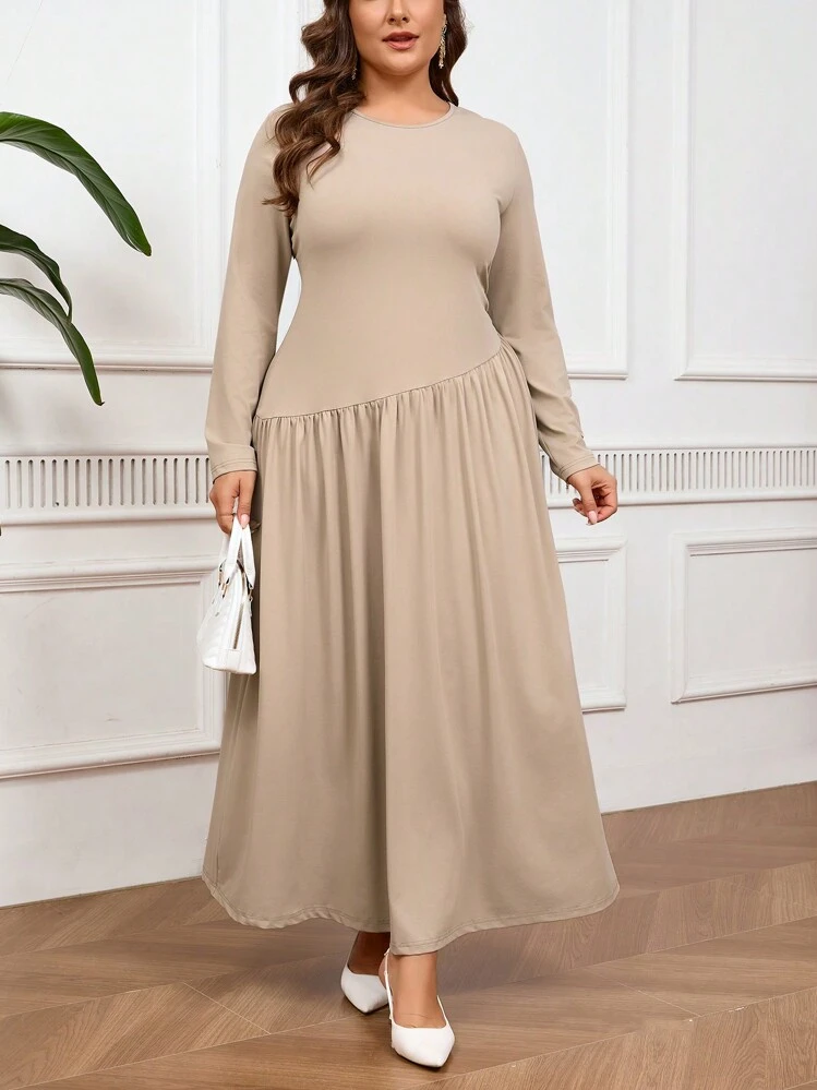 SHEIN Privé Robe ample à manches longues, style simple et confortable, coupe évasée, enfilage facile, ample, couleur kaki, pour femmes, printemps et automne, grande taille - Kaki - Voir 10