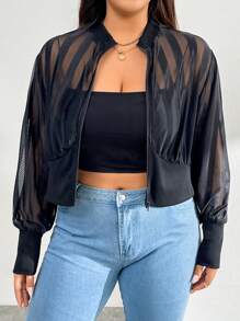 SHEIN Essnce 大码女装时尚休闲商务女装通勤返校服秋装黑色上衣秋季秋装教师服拉链夹克秋季纯黑色外套薄款透视条纹长袖夹克拉链夹克 - 黑色 - 查看 3