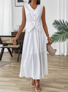Calvaya Solid Color Front Button Vest Suit Jacket And Skirt Set