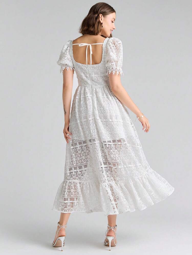 Romantic Summer Holiday Square Neck Puff Sleeve Ruffle Hem Lace Dress
