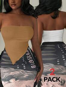 SHEIN SXY 2 cái/bộ Áo quây nữ có viền bất đối xứng màu trơn - Màu Khaki - Xem 2