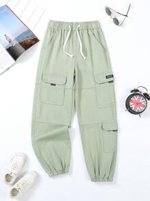 Pantalon cargo en denim multipoches de coton arc-en-ciel décontracté pour garçons préadolescents avec taille élastique et poignets - Vert - Voir 1