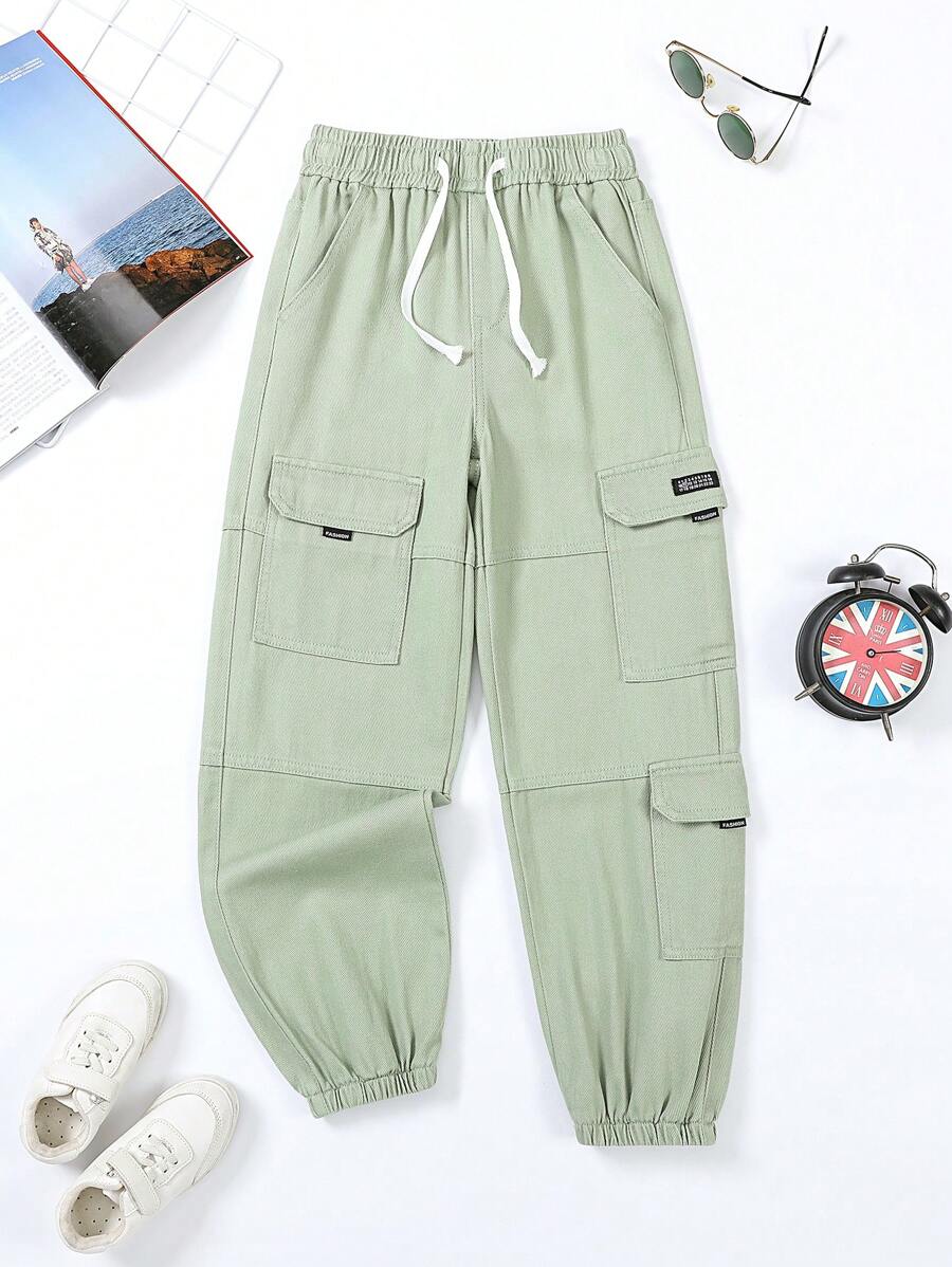Pantalon cargo en denim multipoches de coton arc-en-ciel décontracté pour garçons préadolescents avec taille élastique et poignets - Vert - Voir 1