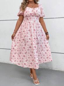 SHEIN VCAY Plus Size Fall/Winter Back-To-School Sisters Gathering Ruched Bust Romantic Print A-Line Long Dress