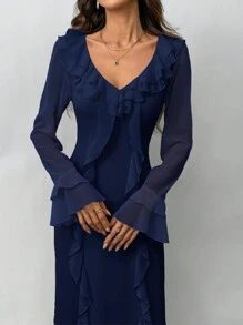 Firerie Floral Ruffle Hem Long Sleeve Casual Daily Wear Dress - Navy Blue - View 2