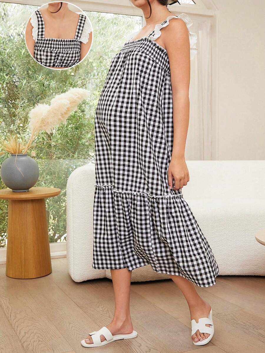 SHEIN 孕妇休闲花卉蕾丝拼布格子吊带连衣裙 - 黑與白 - 查看 1