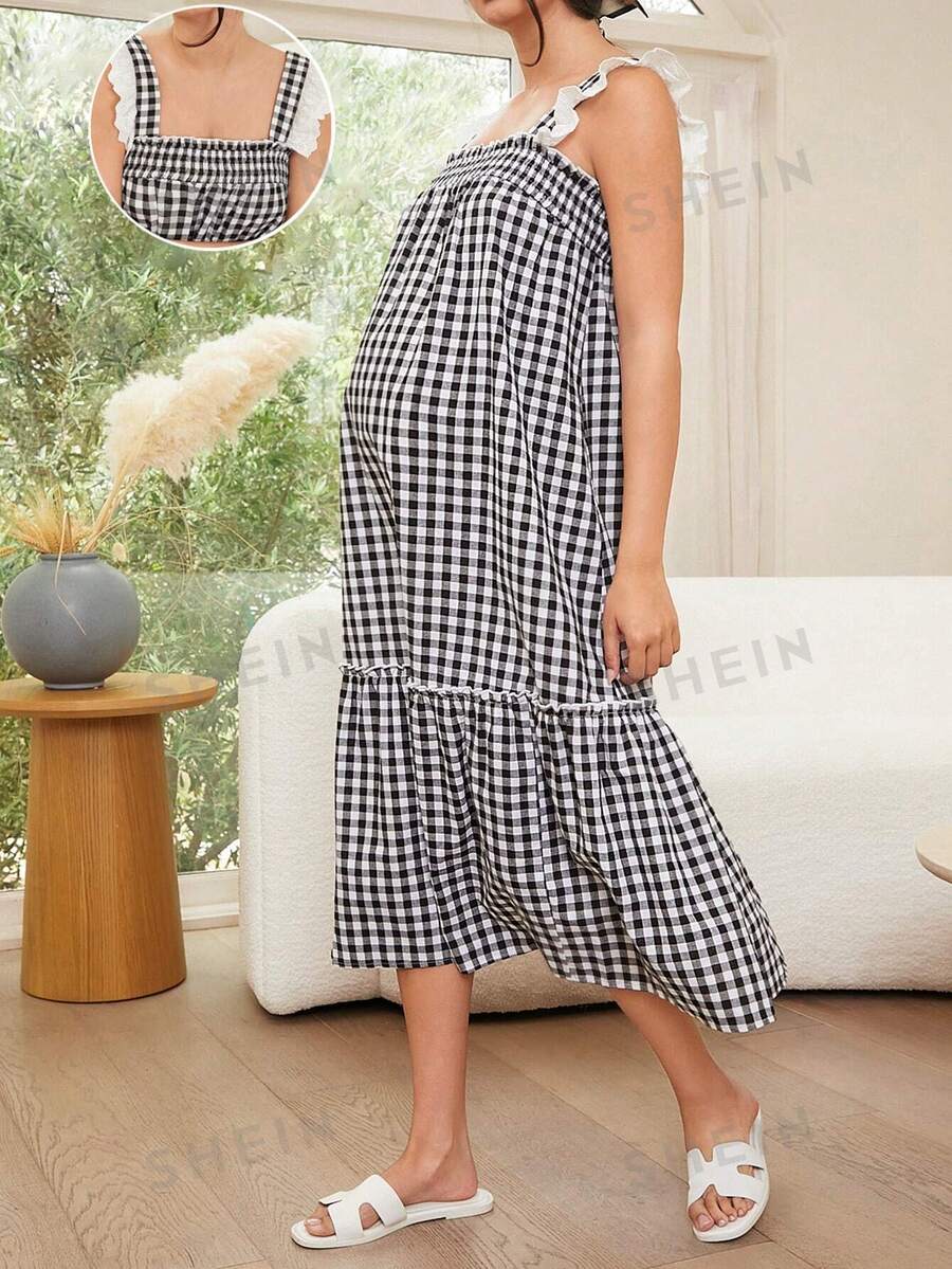 SHEIN Vestido casual de maternidad con patchwork de encaje floral y cuadros, con tirantes