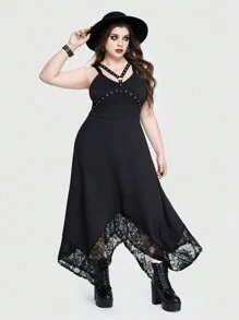 ROMWE Abito lungo in camicia asimmetrico Punk Gothic con taglio traforato occhi, ricamato in pizzo a contrasto, per taglie comode, colore nero - nero - Visualizzare 4