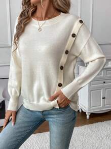 SHEIN LUNE Suéter de hombros caídos con detalles de botones para uso diario