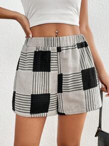 SHEIN Essnce 女式不对称格子拼接短裤，夏季 - 彩色 - 查看 6
