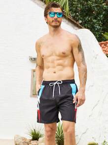 Surfspeed Men's Simple Printed Drawstring Beach Shorts Swim Trunks - Black - View 3