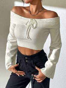 SHEIN Unity Off Shoulder Knot Front Crop Sweater For Dailywear, Knit Pullover Fall Winter - Beige - View 5