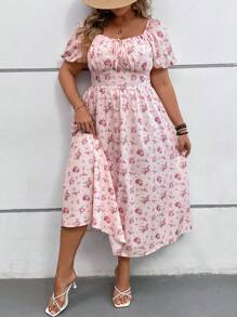SHEIN VCAY Plus Size Fall/Winter Back-To-School Sisters Gathering Ruched Bust Romantic Print A-Line Long Dress